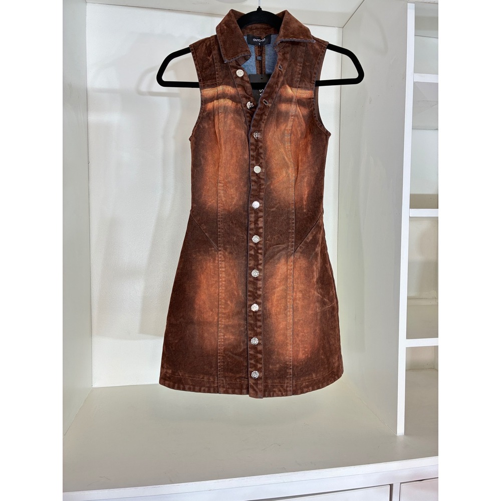 Outcast Pyra Mini Dress Women Size Small Rust Brown Denim Button Sleeveless